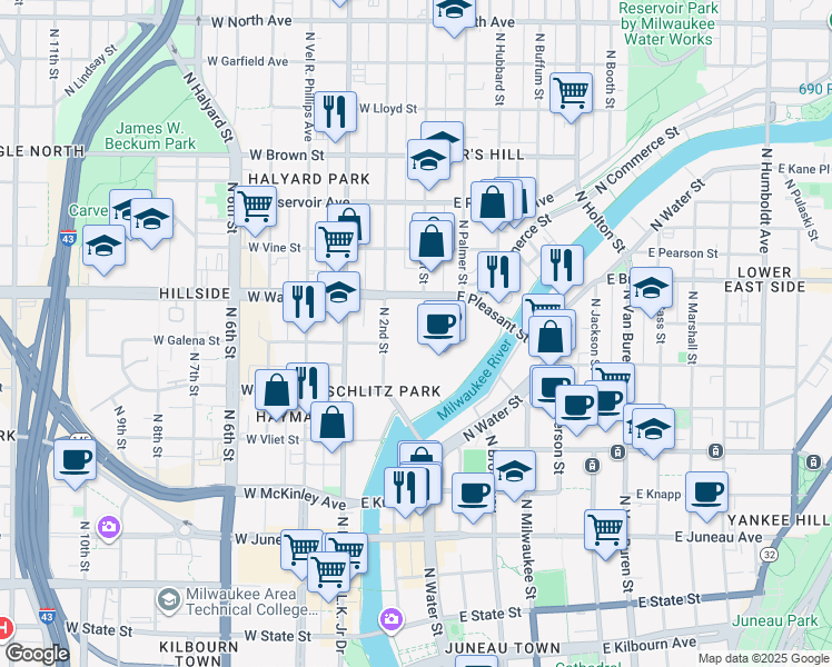 map of restaurants, bars, coffee shops, grocery stores, and more near 101 West Pleasant Street in Milwaukee
