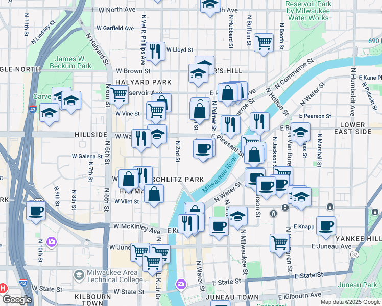 map of restaurants, bars, coffee shops, grocery stores, and more near 101 West Pleasant Street in Milwaukee