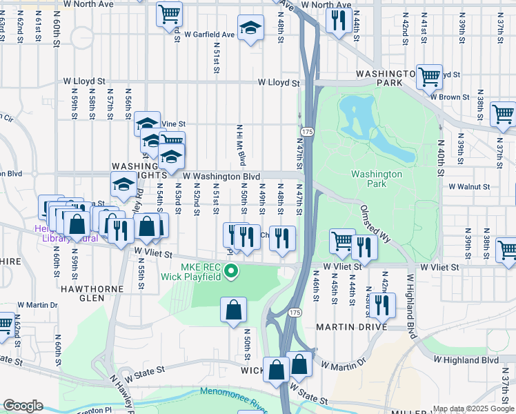 map of restaurants, bars, coffee shops, grocery stores, and more near 4903 West Galena Street in Milwaukee