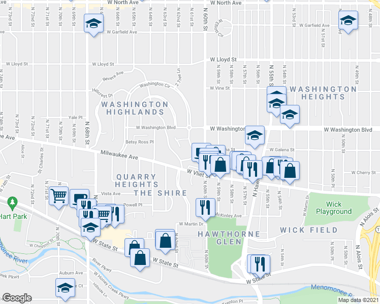 map of restaurants, bars, coffee shops, grocery stores, and more near 6129 Washington Circle in Wauwatosa