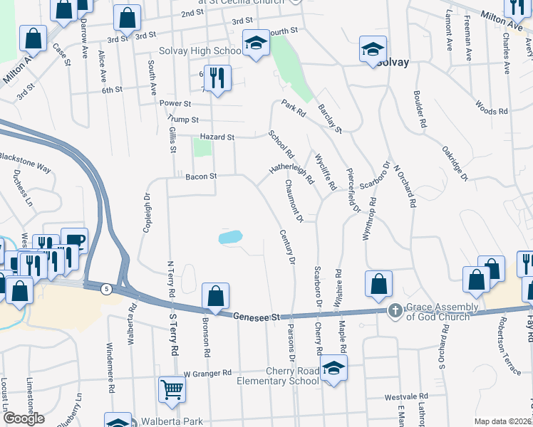 map of restaurants, bars, coffee shops, grocery stores, and more near 143 Century Drive in Syracuse
