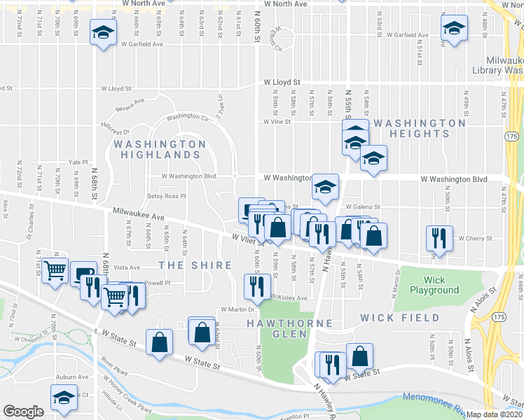 map of restaurants, bars, coffee shops, grocery stores, and more near 1550 North 60th Street in Milwaukee
