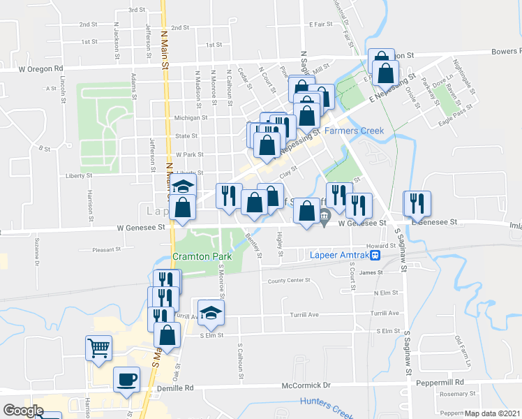 map of restaurants, bars, coffee shops, grocery stores, and more near 172 Higgins Street in Lapeer
