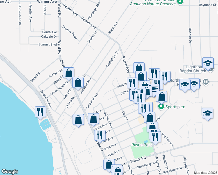 map of restaurants, bars, coffee shops, grocery stores, and more near 130 19th Avenue in North Tonawanda
