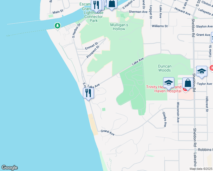 map of restaurants, bars, coffee shops, grocery stores, and more near 16 Crescent Hill in Grand Haven