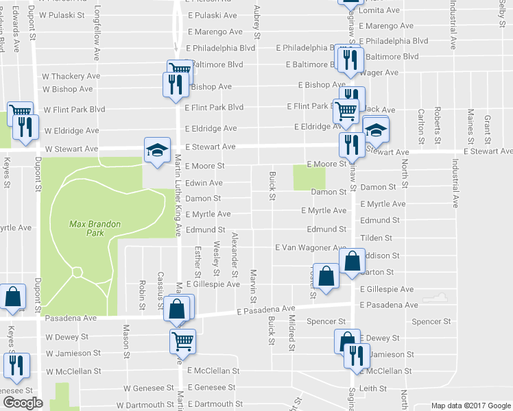 map of restaurants, bars, coffee shops, grocery stores, and more near 355 East Myrtle Avenue in Flint