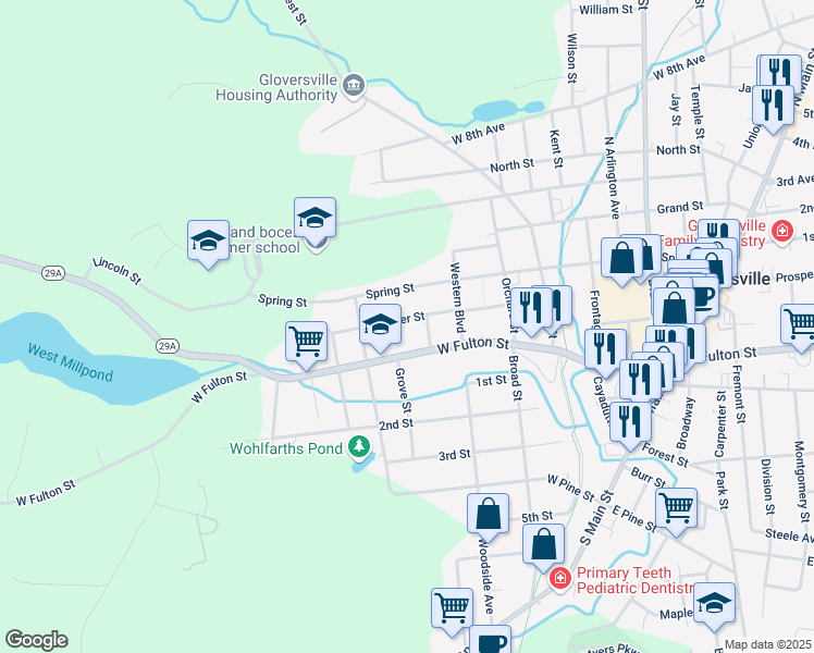 map of restaurants, bars, coffee shops, grocery stores, and more near 19 Summer Street in Gloversville