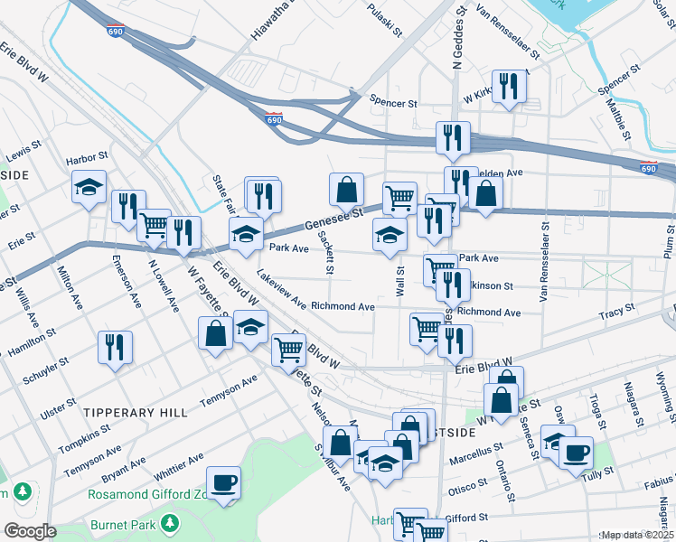 map of restaurants, bars, coffee shops, grocery stores, and more near 204 Sackett St in Syracuse