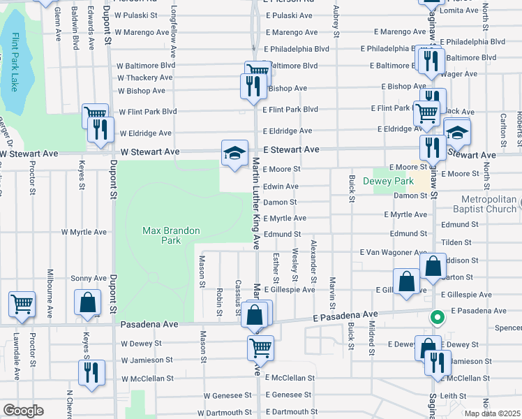 map of restaurants, bars, coffee shops, grocery stores, and more near 4010 Martin Luther King Avenue in Flint