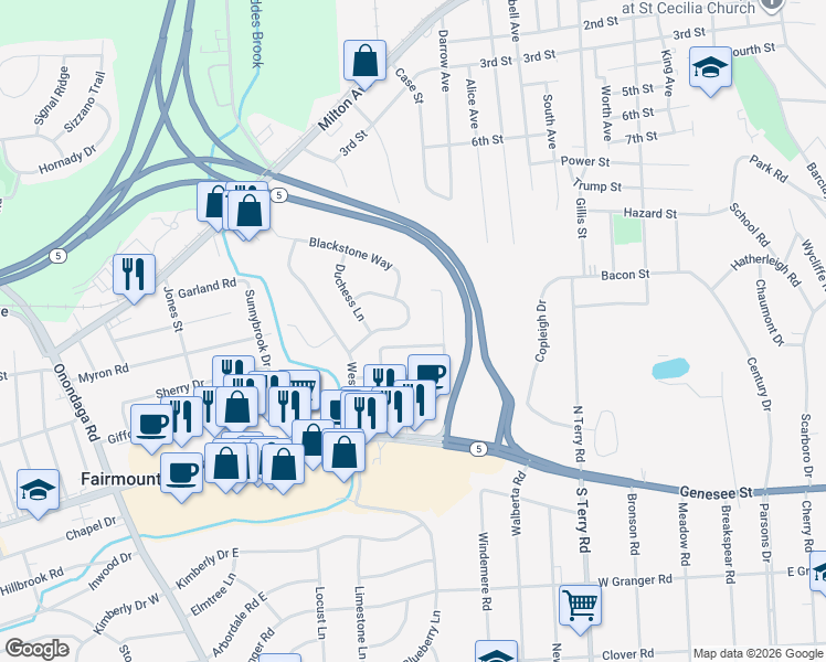 map of restaurants, bars, coffee shops, grocery stores, and more near 112 Watchtower Ln in Syracuse