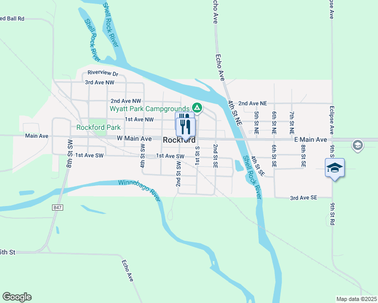 map of restaurants, bars, coffee shops, grocery stores, and more near 106 1st Street North in Rockford