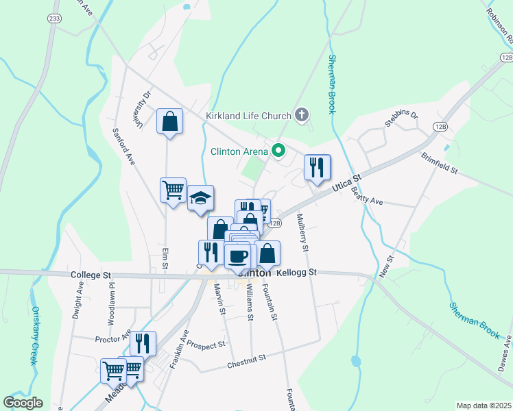 map of restaurants, bars, coffee shops, grocery stores, and more near 75 Chenango Avenue North in Clinton