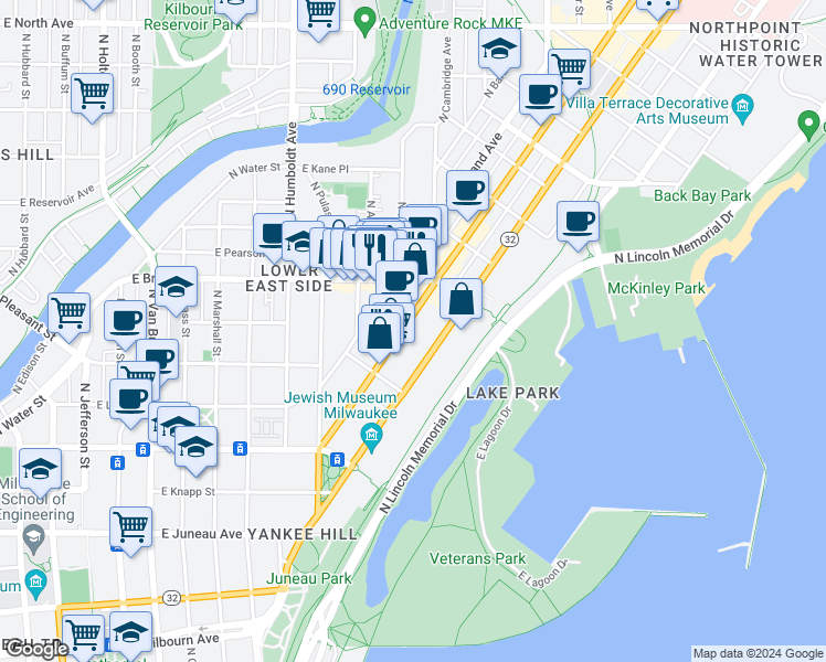 map of restaurants, bars, coffee shops, grocery stores, and more near 1614 North Farwell Avenue in Milwaukee