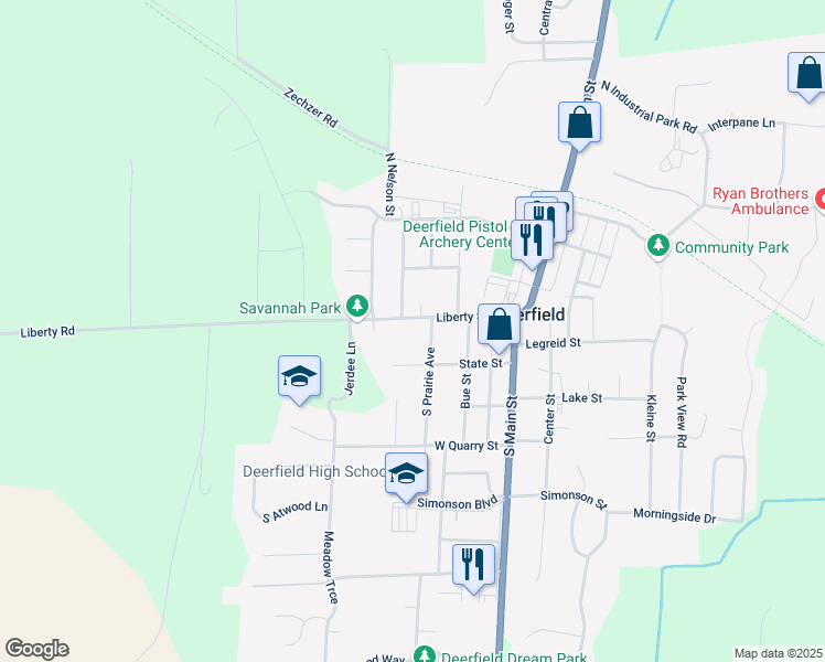map of restaurants, bars, coffee shops, grocery stores, and more near 207 Liberty Street in Deerfield