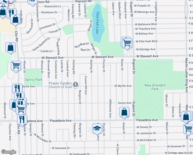 map of restaurants, bars, coffee shops, grocery stores, and more near 4025 Lawndale Avenue in Flint