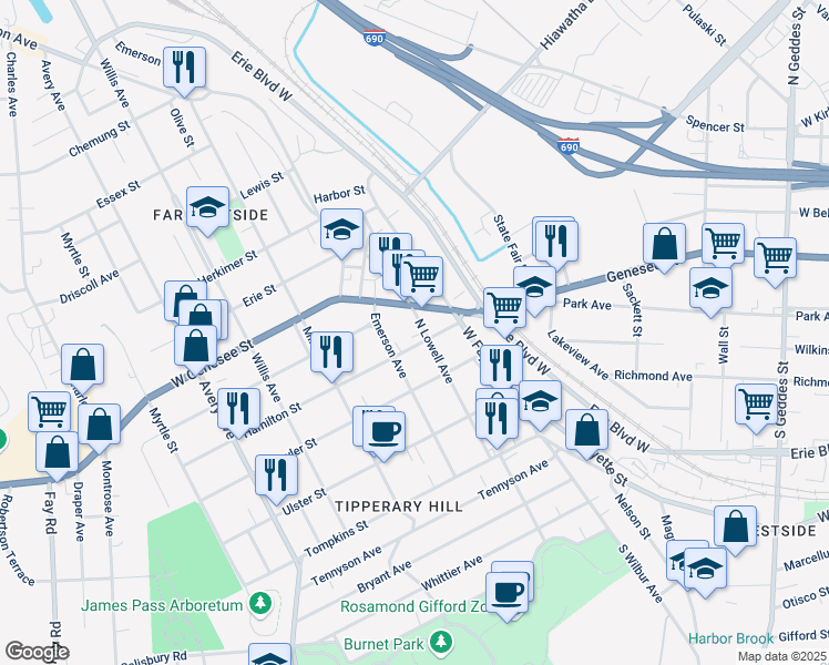 map of restaurants, bars, coffee shops, grocery stores, and more near 401 North Lowell Avenue in Syracuse