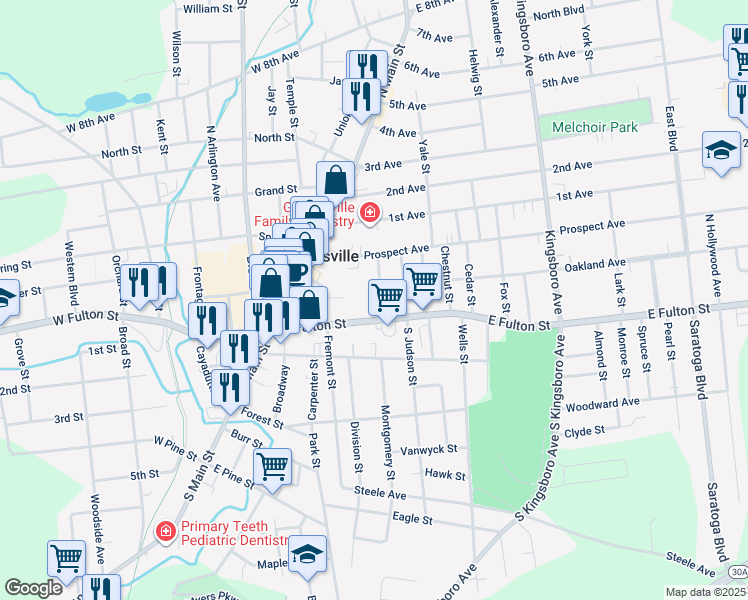 map of restaurants, bars, coffee shops, grocery stores, and more near 5 Littauer Place in Gloversville