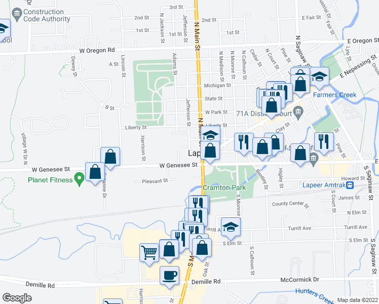 map of restaurants, bars, coffee shops, grocery stores, and more near 201 Jefferson Street in Lapeer