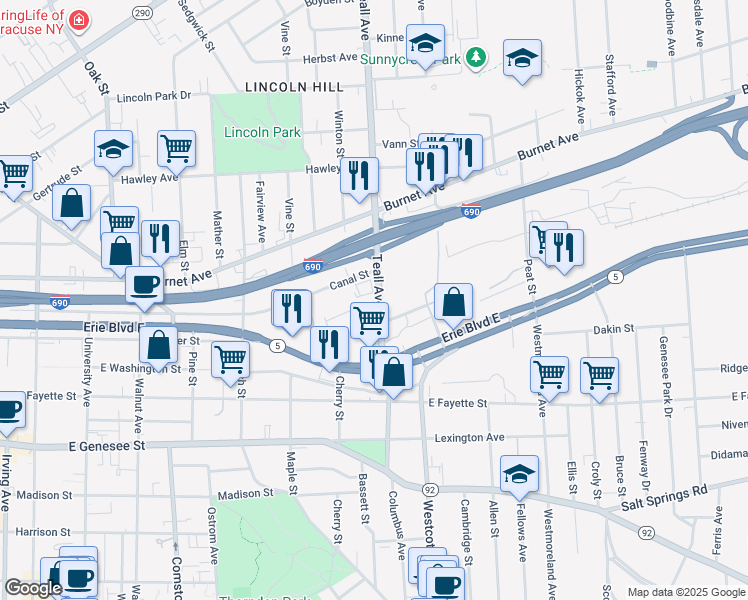 map of restaurants, bars, coffee shops, grocery stores, and more near 5231 Brockway Lane in Syracuse