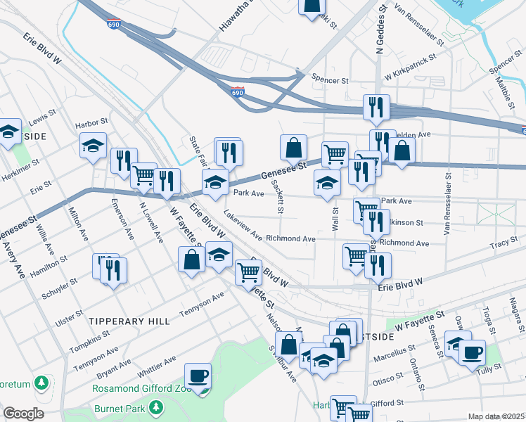 map of restaurants, bars, coffee shops, grocery stores, and more near 320 Apple Street in Syracuse