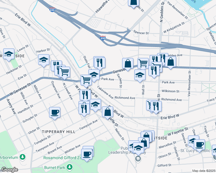 map of restaurants, bars, coffee shops, grocery stores, and more near 320 Apple Street in Syracuse