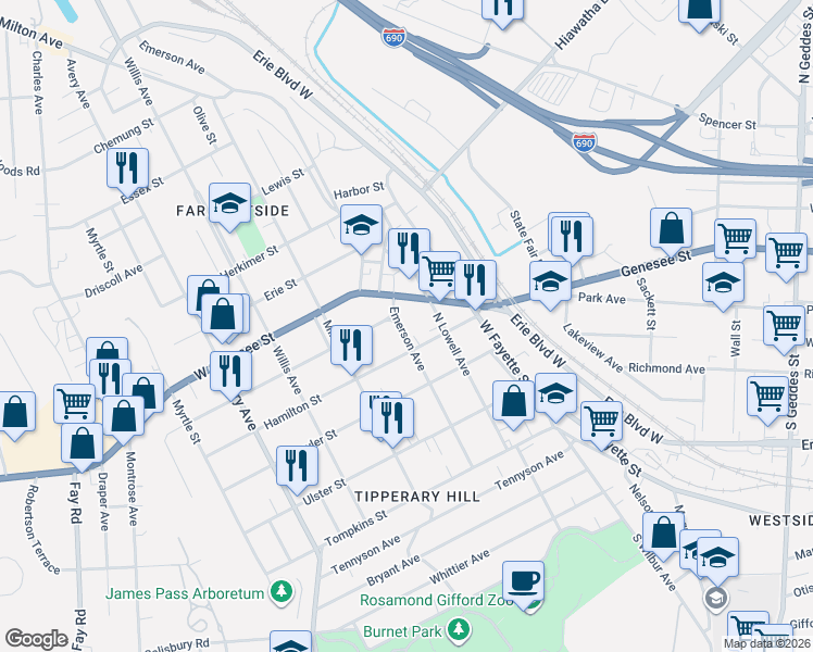 map of restaurants, bars, coffee shops, grocery stores, and more near 414 Emerson Avenue in Syracuse