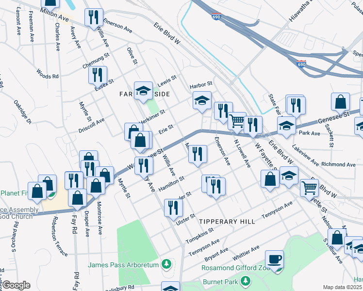map of restaurants, bars, coffee shops, grocery stores, and more near 1711 West Genesee Street in Syracuse