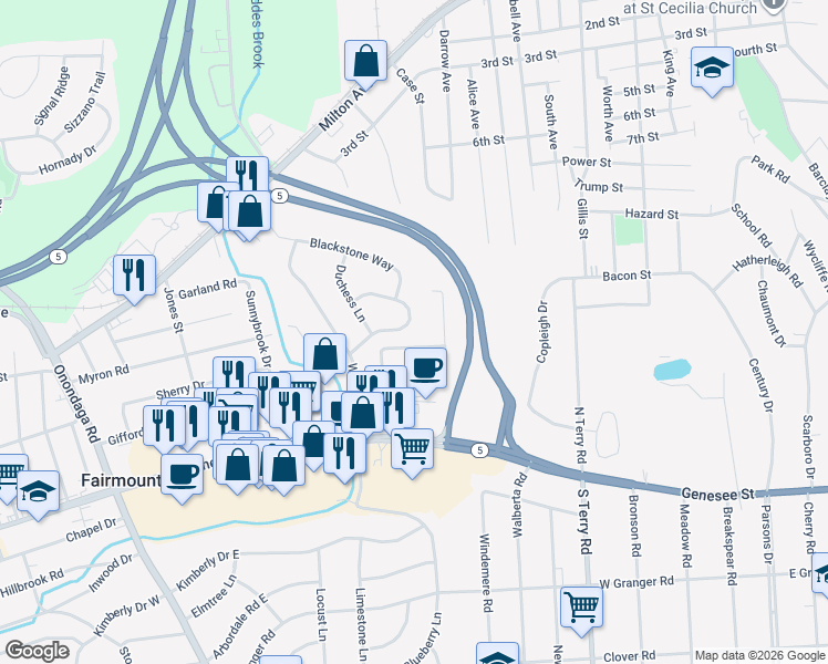 map of restaurants, bars, coffee shops, grocery stores, and more near 112 Watchtower Lane in Syracuse