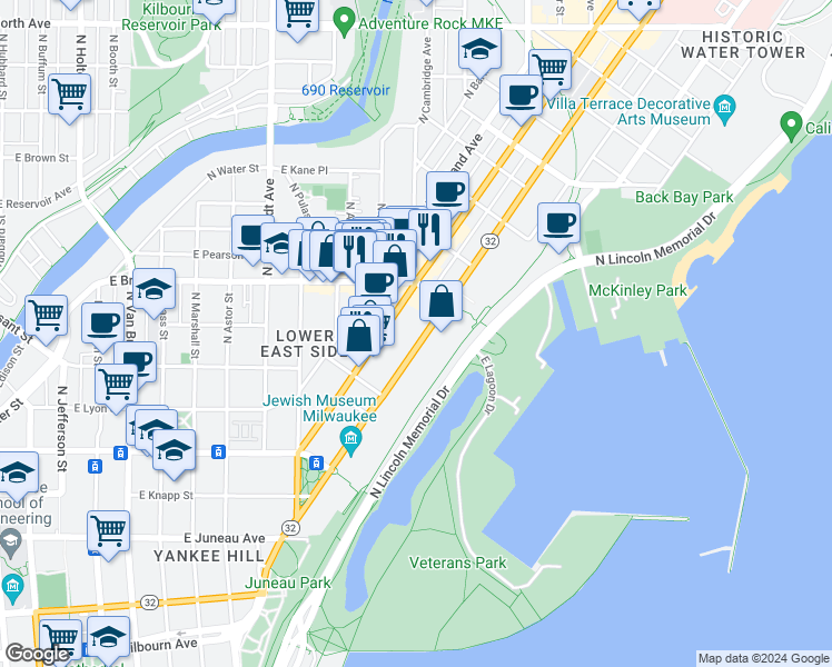 map of restaurants, bars, coffee shops, grocery stores, and more near 1633 North Prospect Avenue in Milwaukee