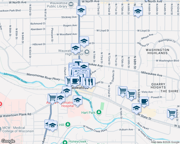 map of restaurants, bars, coffee shops, grocery stores, and more near in Wauwatosa