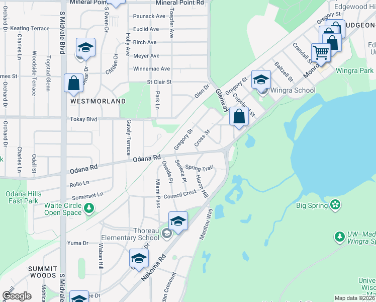 map of restaurants, bars, coffee shops, grocery stores, and more near 3714 Odana Road in Madison