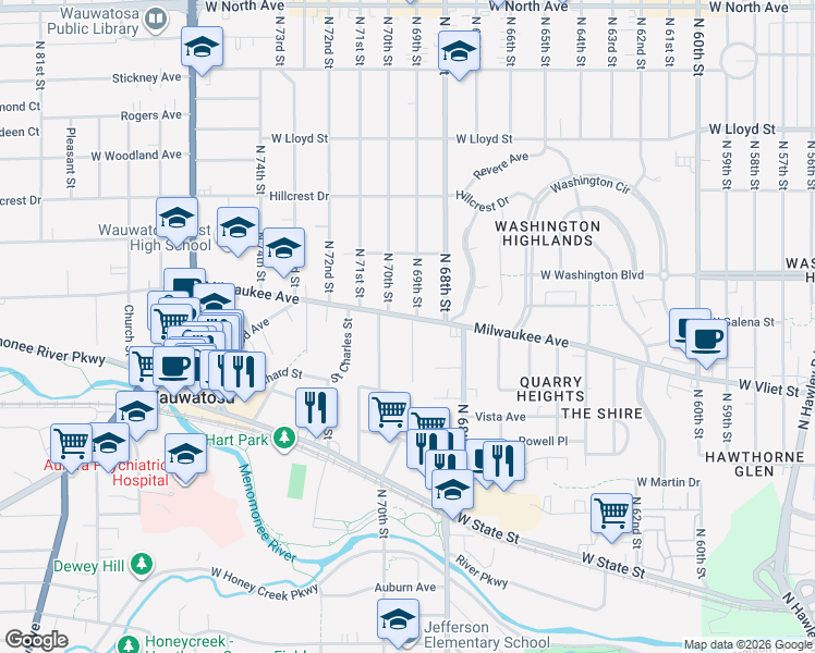 map of restaurants, bars, coffee shops, grocery stores, and more near 6905 Milwaukee Avenue in Wauwatosa