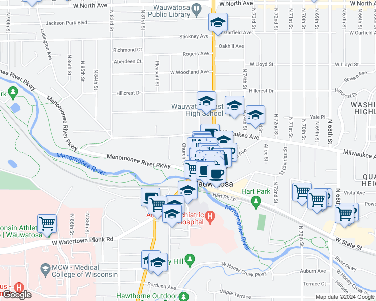map of restaurants, bars, coffee shops, grocery stores, and more near 1530 Church Street in Wauwatosa