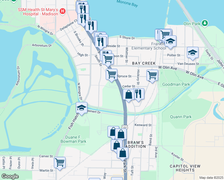map of restaurants, bars, coffee shops, grocery stores, and more near 1402 South Park Street in Madison