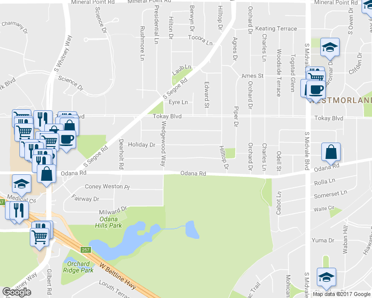 map of restaurants, bars, coffee shops, grocery stores, and more near 4901 Holiday Drive in Madison