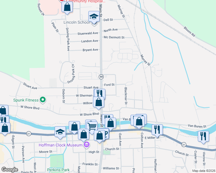 map of restaurants, bars, coffee shops, grocery stores, and more near 115 Ford Street in Newark