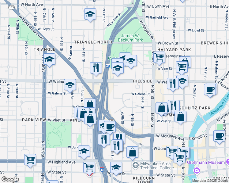 map of restaurants, bars, coffee shops, grocery stores, and more near 1604 North 10th Street in Milwaukee