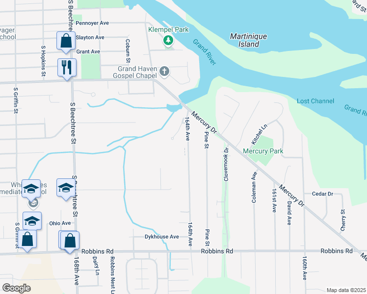 map of restaurants, bars, coffee shops, grocery stores, and more near 1129 Moreland Street in Grand Haven