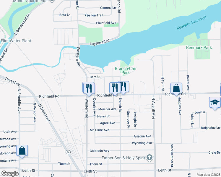 map of restaurants, bars, coffee shops, grocery stores, and more near 4123 Coggins Avenue in Flint