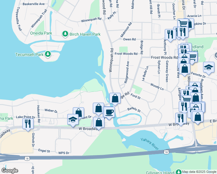 map of restaurants, bars, coffee shops, grocery stores, and more near 6211 Winnequah Road in Monona