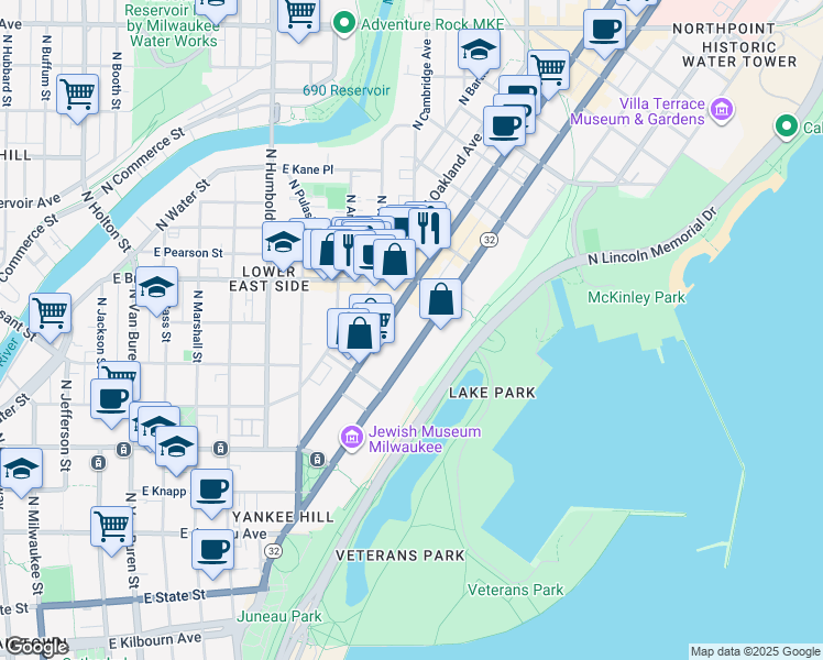 map of restaurants, bars, coffee shops, grocery stores, and more near 1633 North Prospect Avenue in Milwaukee