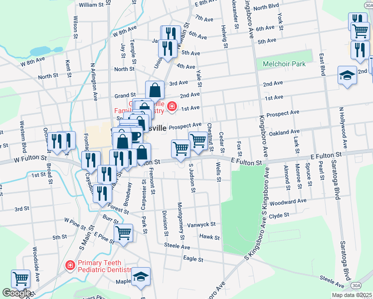 map of restaurants, bars, coffee shops, grocery stores, and more near 11 N Judson St in Gloversville