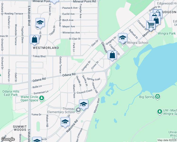 map of restaurants, bars, coffee shops, grocery stores, and more near 3714 Odana Road in Madison