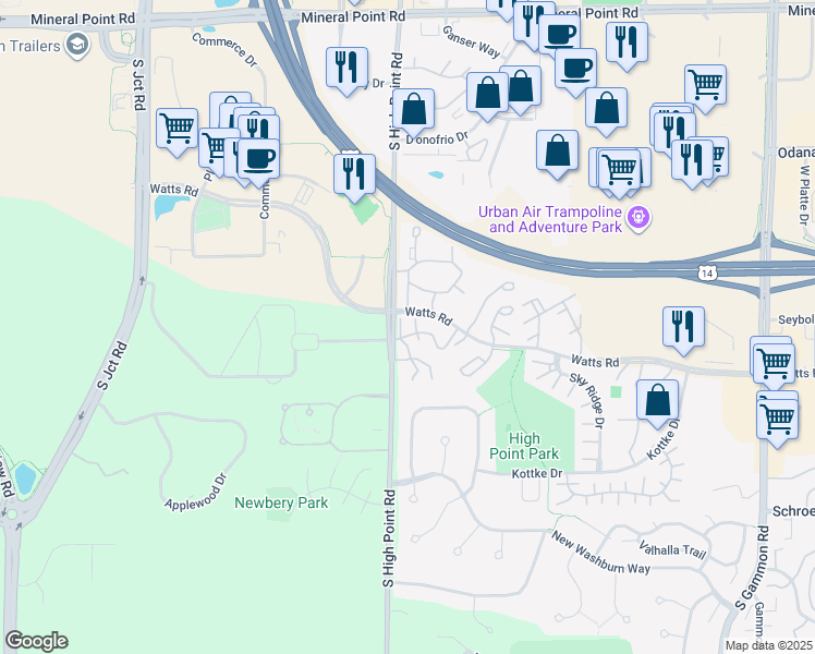 map of restaurants, bars, coffee shops, grocery stores, and more near 4 High Point Oaks Lane in Madison