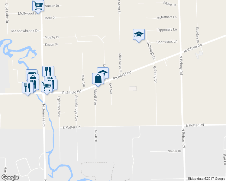 map of restaurants, bars, coffee shops, grocery stores, and more near 3136 Dot Avenue in Flint