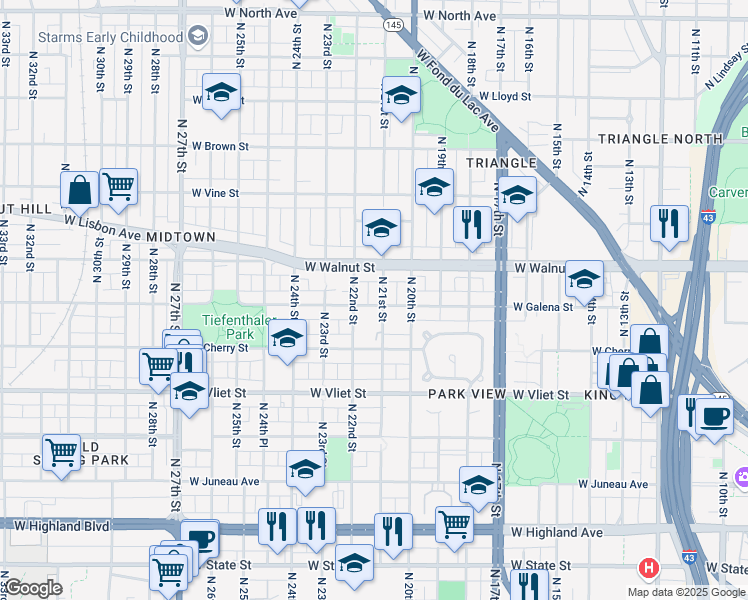 map of restaurants, bars, coffee shops, grocery stores, and more near 1607 North 21st Street in Milwaukee