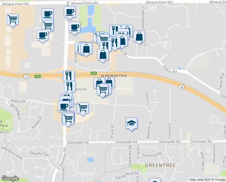map of restaurants, bars, coffee shops, grocery stores, and more near 618 Struck Street in Madison