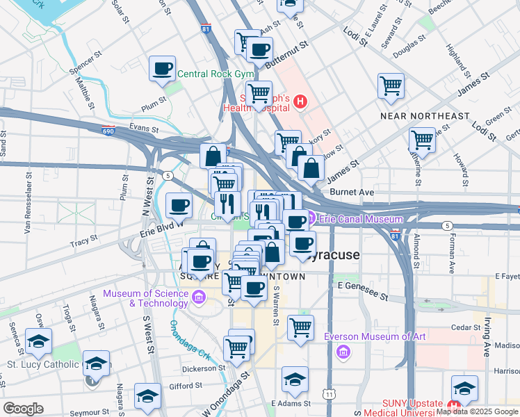 map of restaurants, bars, coffee shops, grocery stores, and more near 114-18 N Salina St in Syracuse