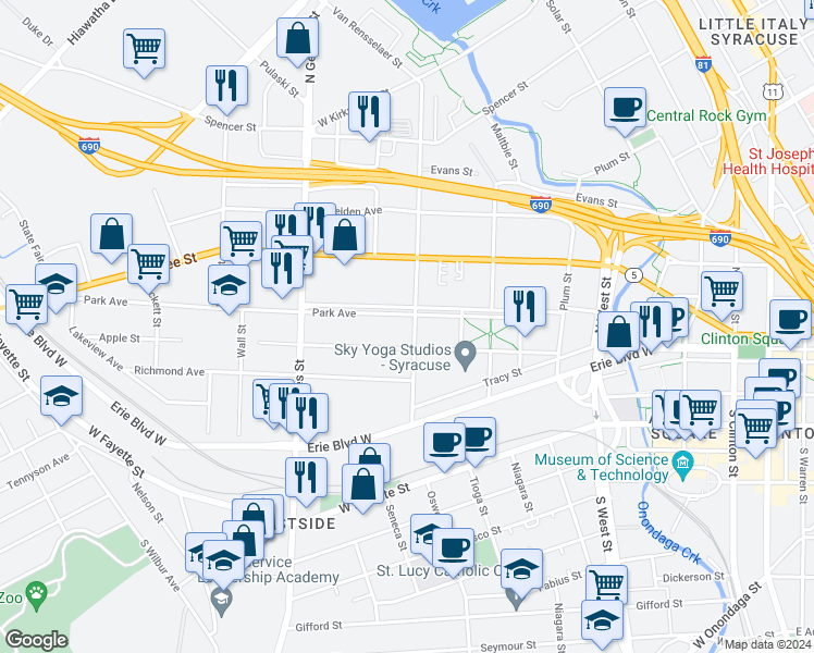 map of restaurants, bars, coffee shops, grocery stores, and more near 601 Park Avenue in Syracuse