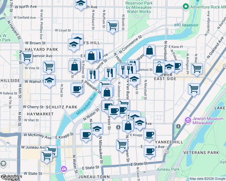 map of restaurants, bars, coffee shops, grocery stores, and more near 1632 North Water Street in Milwaukee